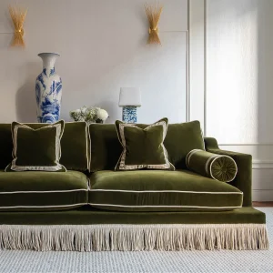 Orlando Sofa – Safari Green Velvet with Fringes